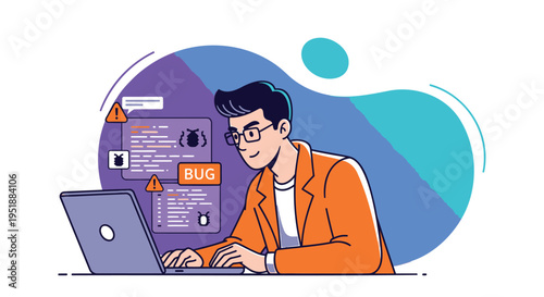 Vector illustration of a man working on a laptop with coding symbols