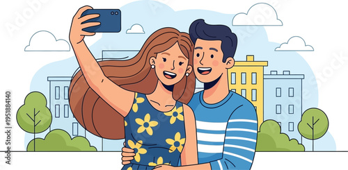 Young couple takes happy selfie outdoors with city buildings visible.