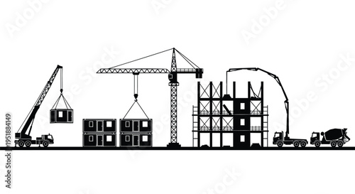 Set of construction site icons vector, building and crane illustrations