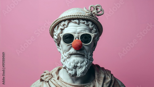 Statue of a historical figure wearing sunglasses and a clown nose against a pink background