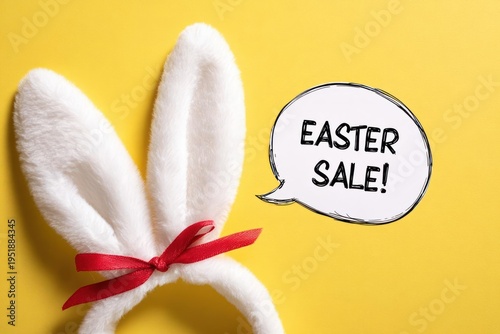 Easter Bunny Ears with Red Ribbon on Yellow Background with Easter Sale Sign