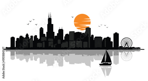 Vector city skyline silhouette with sailboat and sunset