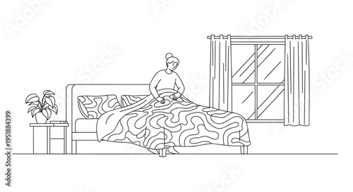 Vector illustration of a man sitting on a bed in a bedroom