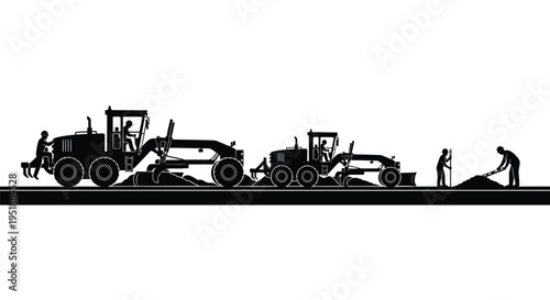Set of 3 construction vehicles and workers vector silhouette