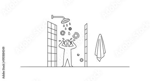 Vector illustration of stressed businessman under shower in city