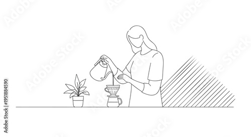 Vector illustration of woman watering plant