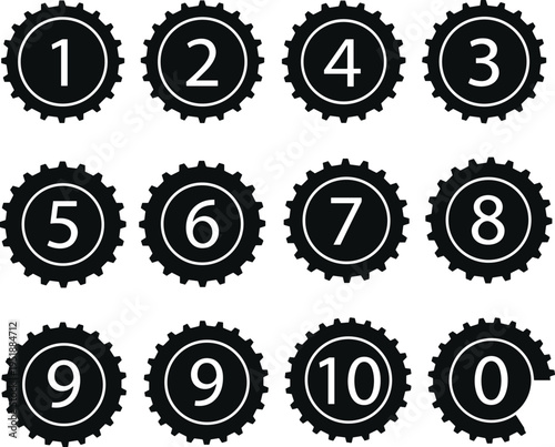 Black gear with white numbers on white background