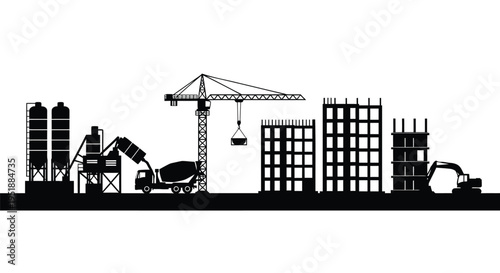 Set of 7 construction site icons vector, black silhouette