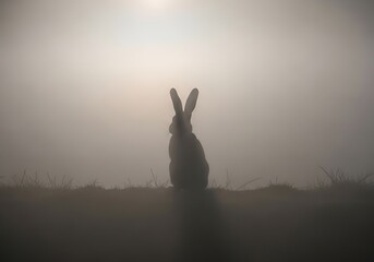 A rabbit standing in a foggy field with the sun shining through