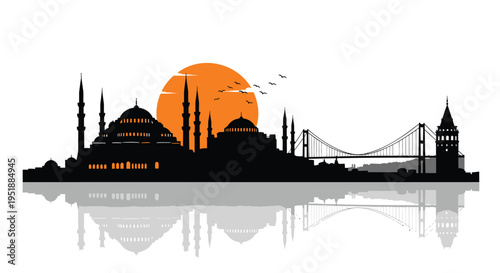 Silhouette of Istanbul city skyline with mosque and bridge vector