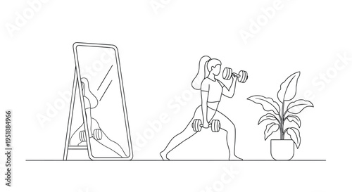 Continuous line drawing of woman exercising with dumbbells