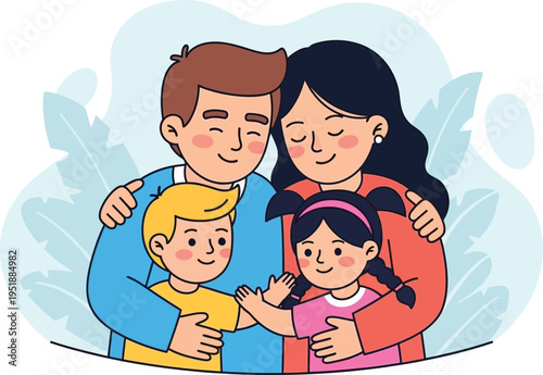 Loving parents embrace their two small children in a warm family portrait.