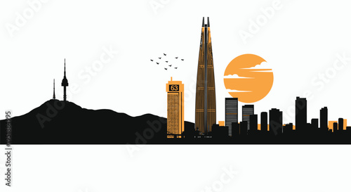 Vector city skyline silhouette at sunset with orange sun
