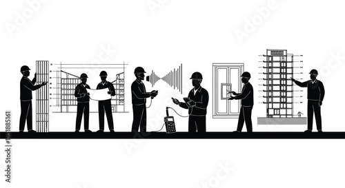 Set of 7 business people in silhouette interacting with building blueprints and plans vector
