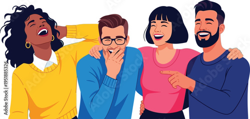 Four diverse young adults share sincere laughter while standing together.