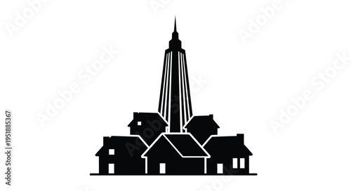 Black silhouette of city skyline with skyscraper and houses