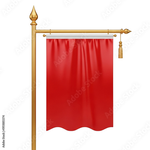 A vibrant red flag with gold accents and a decorative pole, isolated on transparent background