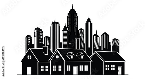 Set of 3 black suburban homes with city skyline vector