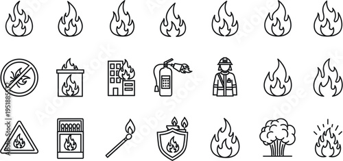 Fire safety and emergency response line vector icon set including flames extinguisher firefighter protection and fire prevention symbols,