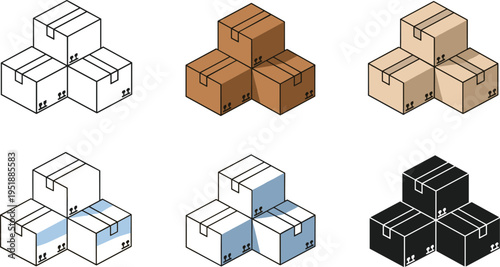 Isometric cardboard box stack vector icons with various styles including realistic brown flat color line art and silhouettes,