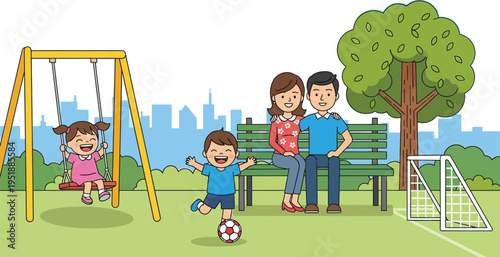 Happy family enjoys a sunny day playing together at the neighborhood park.