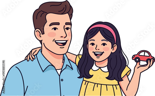 Father embraces smiling daughter holding a small red toy car closely.