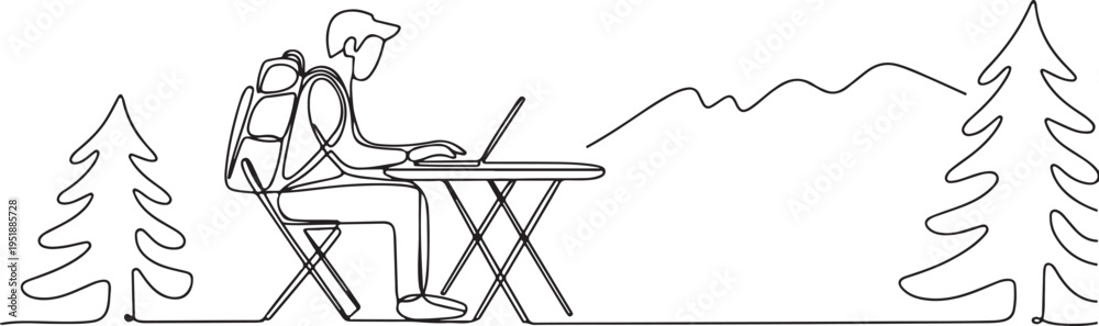 Fototapeta premium Single line drawing of a person working on a laptop outdoors