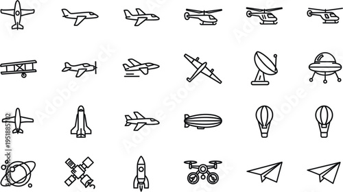 Aviation and aerospace line vector icon set including airplanes helicopters space shuttles satellites drones and air transport symbols,