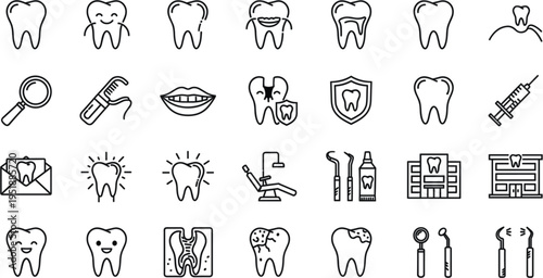 Dental and dentistry line vector icon set including teeth oral hygiene medical clinical equipment and stomatology healthcare symbols,