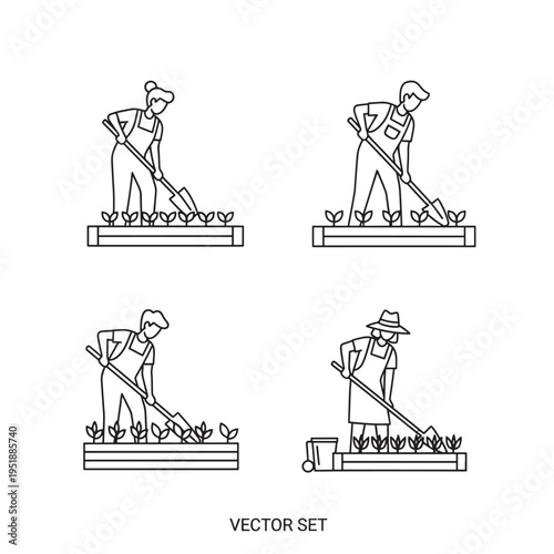 Line art illustrations of people gardening and farming, tending to plants in raised beds with tools.