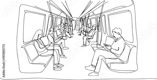 People Sitting Inside a Subway Train in Continuous Line Art