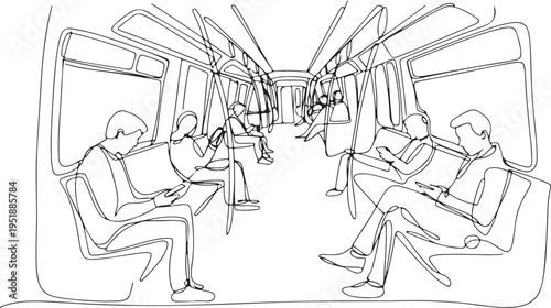 Subway train interior with passengers black and white line art