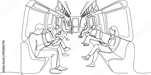 Interior of a subway train with passengers line art illustration