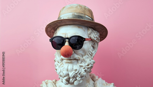 Statue wearing glasses and a clown nose with a hat against a pink background in a playful art setting