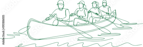 Four people in a canoe rowing on green water boat team