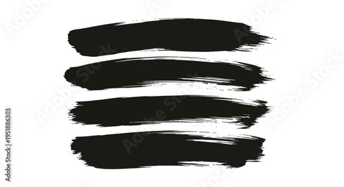 Set of Four Black Brush Strokes on White Background.