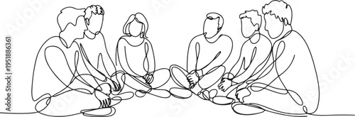 Group of people sitting in a circle in continuous line art Keywords: people, group, circle