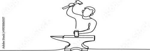 Blacksmith hammering metal on an anvil in a single line drawing
