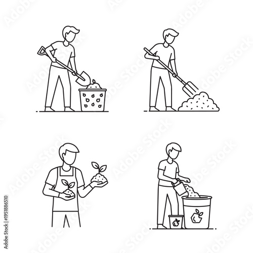 Line art illustrations depicting various gardening and composting activities, including shoveling, turning compost, planting seedlings, and disposing of organic waste.
