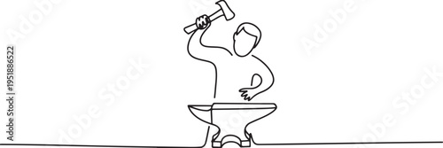 Blacksmith hammering metal on an anvil in a single line drawing