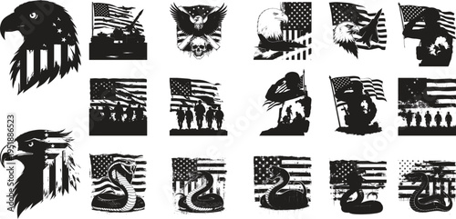 USA flag military eagle soldier snake silhouettes patriotic vector bundle American army war tribute design collection vintage style set