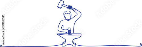 Blacksmith with hammer and anvil single line art metalworking