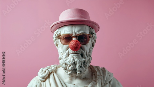 Sculpture wearing sunglasses and a clown nose with a pink background in a playful art setting