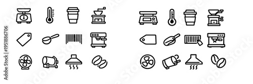 A collection of coffee industry and roasting line icons featuring
