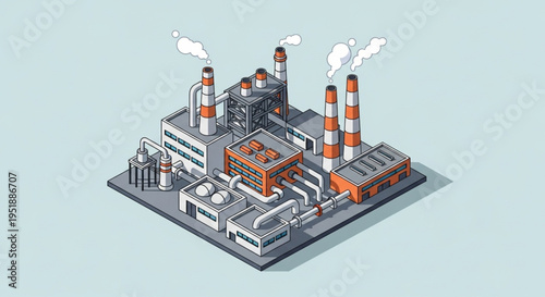Industrial factory with smoking chimneys and complex structures.