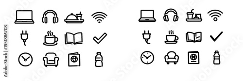 A set of hand-drawn minimalist icons in black and white, featuring