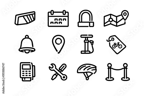 A collection of twelve black line icons representing bicycle rental