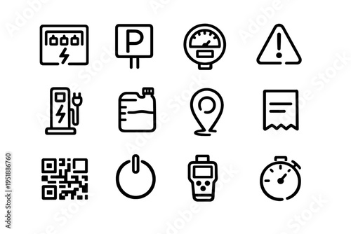 A collection of twelve minimalist black line icons on a white