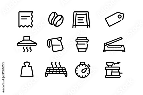 A collection of twelve minimalist black line icons representing
