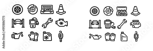 A collection of black and white line icons representing car repair